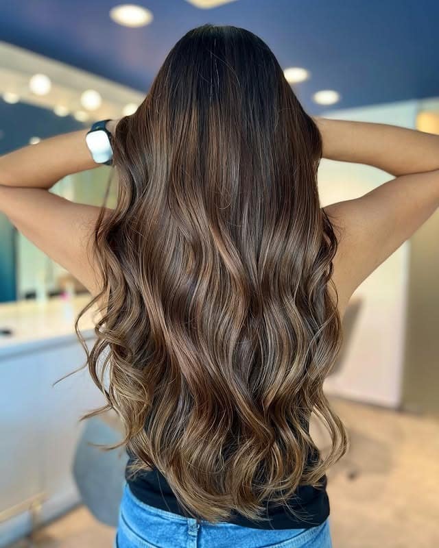 13. Cool Ash Brown Balayage on Long Wavy Hair - Cool Ash Brown Hair Color