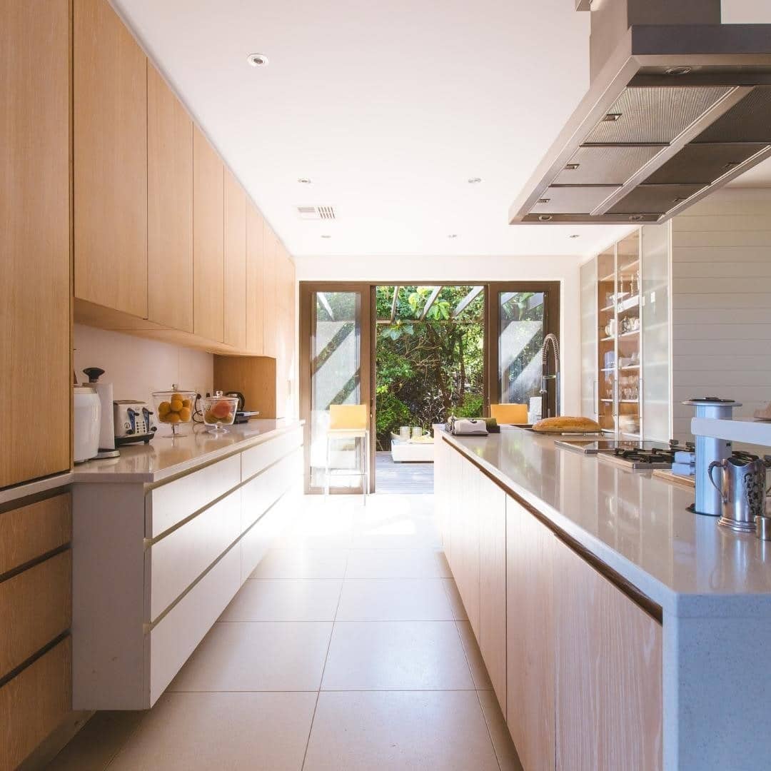 2. Light Oak and White Narrow Kitchen Ideas - narrow kitchen ideas