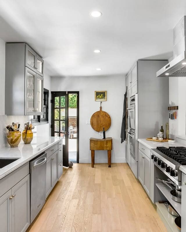 3. Soft Gray Narrow Kitchen with Light Wood Floors - narrow kitchen ideas