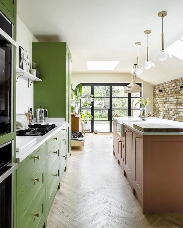 4. Olive Green and Neutral Narrow Kitchen Design - narrow kitchen ideas