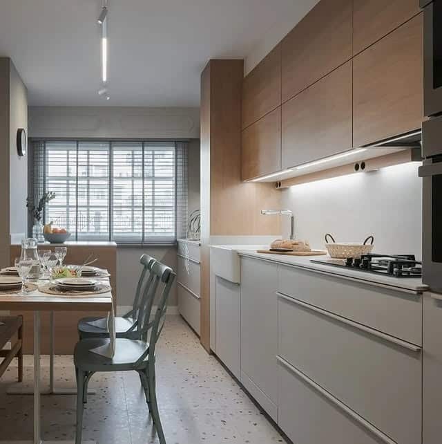 7. Minimal Wood and White Narrow Kitchen Style - narrow kitchen ideas