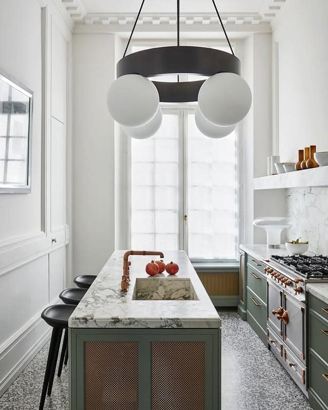 13. Sage Green and Marble Narrow Kitchen Design - narrow kitchen ideas