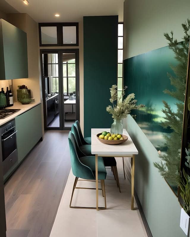 14. Emerald Green Narrow Kitchen with Dining Nook - narrow kitchen ideas