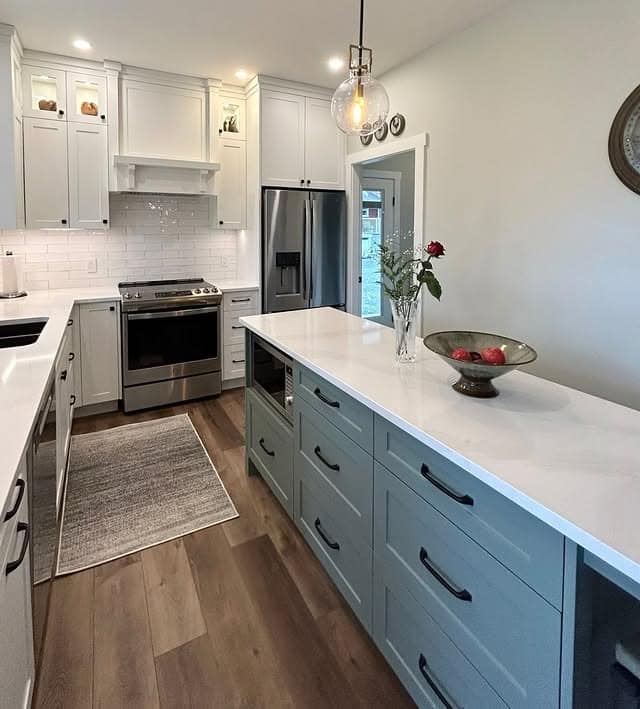 18. Soft Blue and White Narrow Kitchen Ideas - narrow kitchen ideas