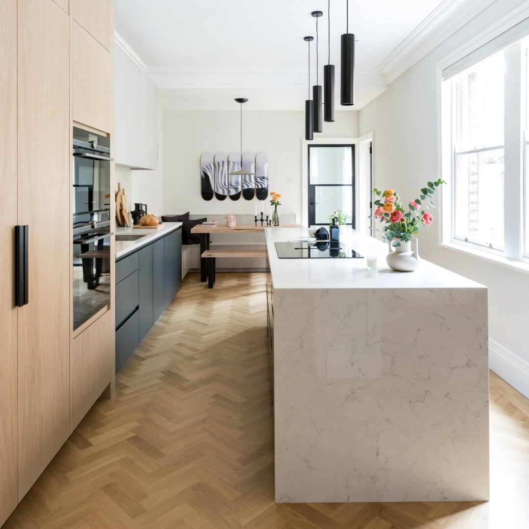 20. Light Oak and Black Narrow Kitchen Design - narrow kitchen ideas