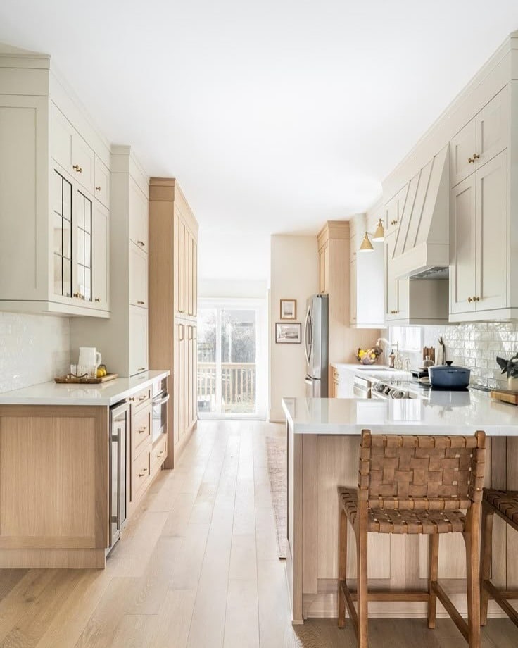 22. White and Natural Oak Narrow Kitchen with Island - narrow kitchen ideas