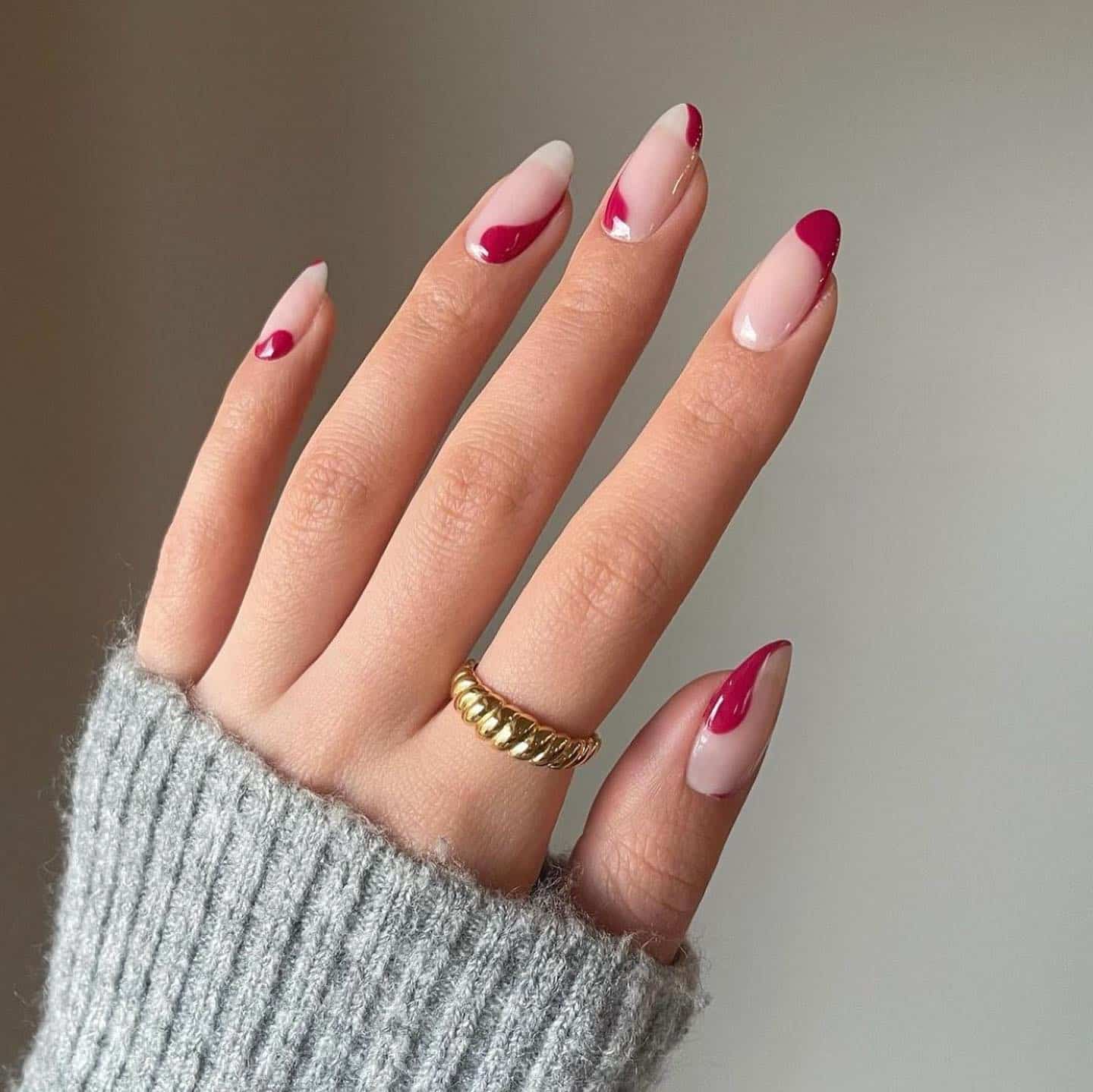10. Burgundy Abstract French Almond Nails - trendy simple nail ideas