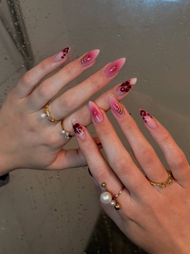 14. Burgundy Floral Ombre Almond Nails - trendy simple nail ideas
