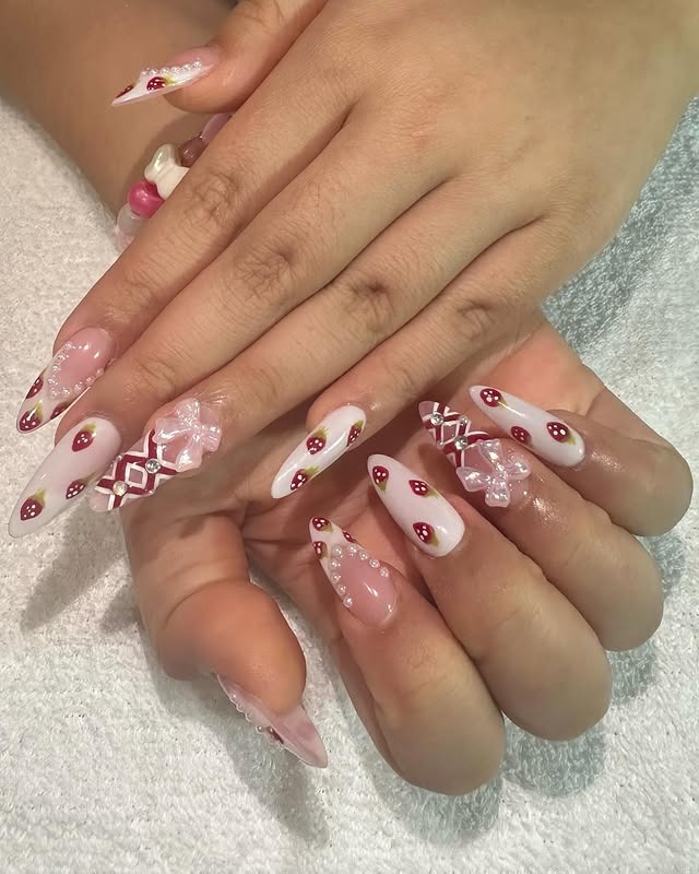 15. Strawberry 3D Almond Nails - trendy simple nail ideas