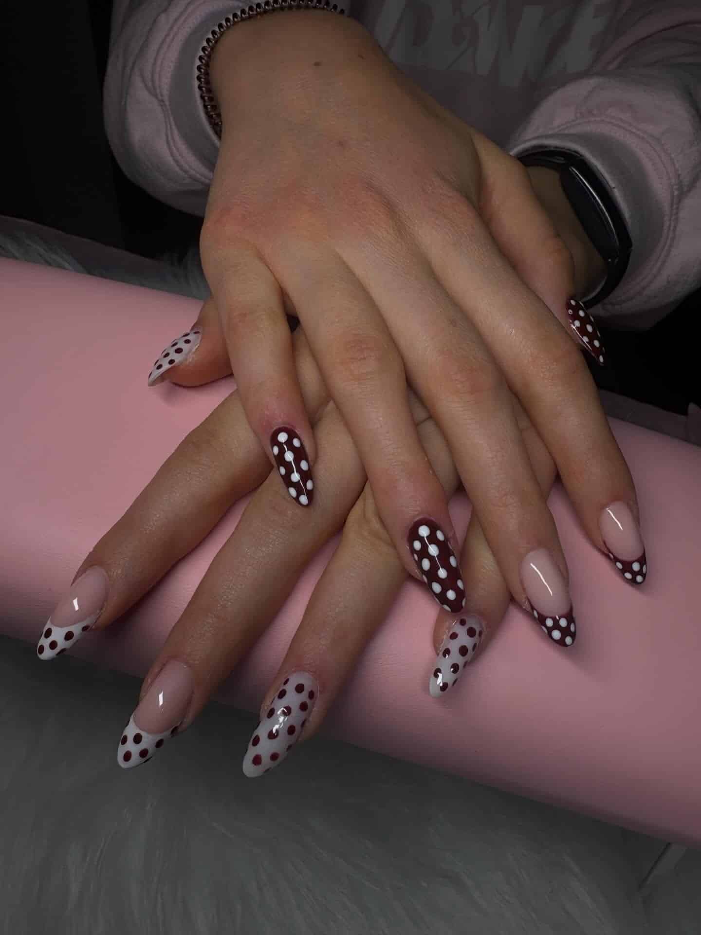 19. Chocolate Brown Polka Dot Almond Nails - trendy simple nail ideas