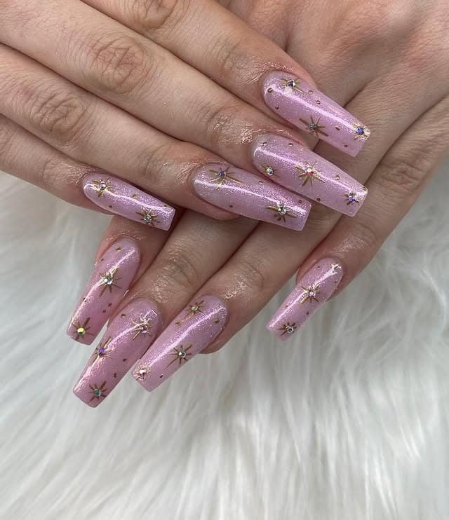 21. Shimmer Pink Coffin Nails with Crystal Stars - trendy simple nail ideas