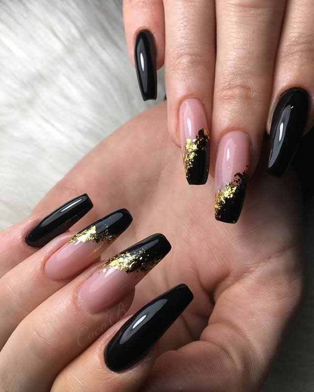 4. Black French Coffin Nails with Gold Foil - black and gold nail ideas