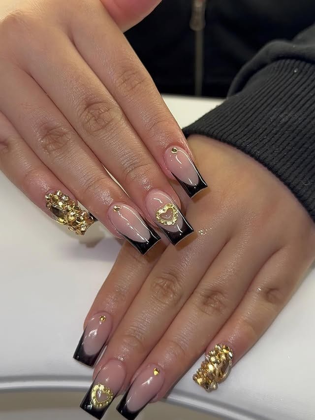 7. Black French Square Nails with Gold Crystal Accent - black and gold nail ideas