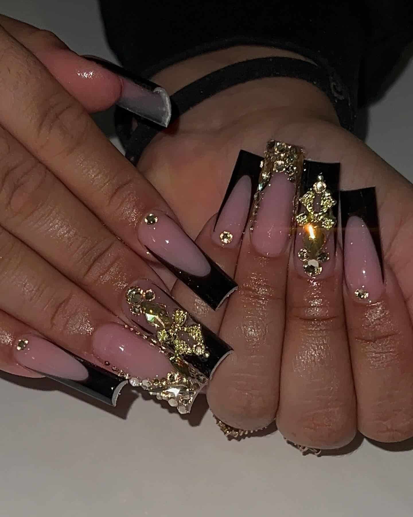 14. Black French Square Nails with Gold Rhinestones - black and gold nail ideas