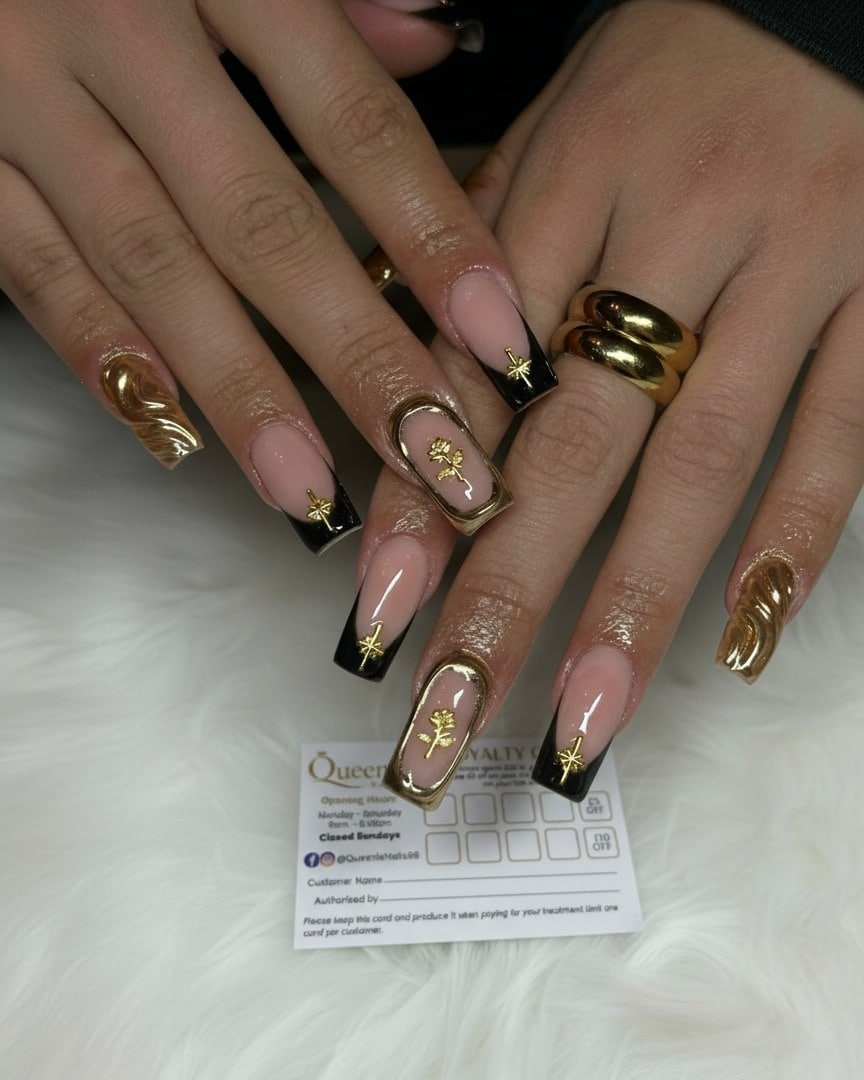 15. Black French Nails with Gold Chrome Details - black and gold nail ideas