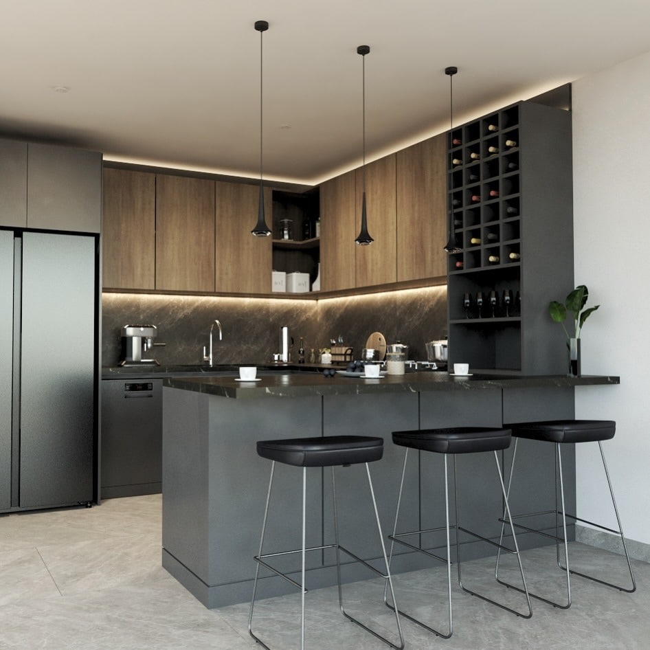 1. Charcoal and Walnut Aesthetic Kitchen Ideas - aesthetic kitchen ideas