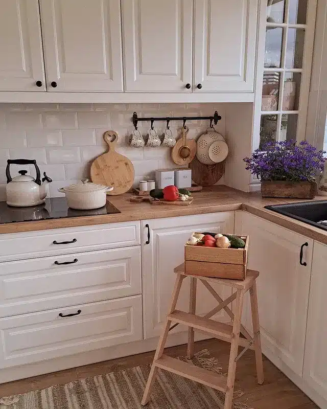 2. White and Natural Wood Cottage Kitchen Ideas - aesthetic kitchen ideas