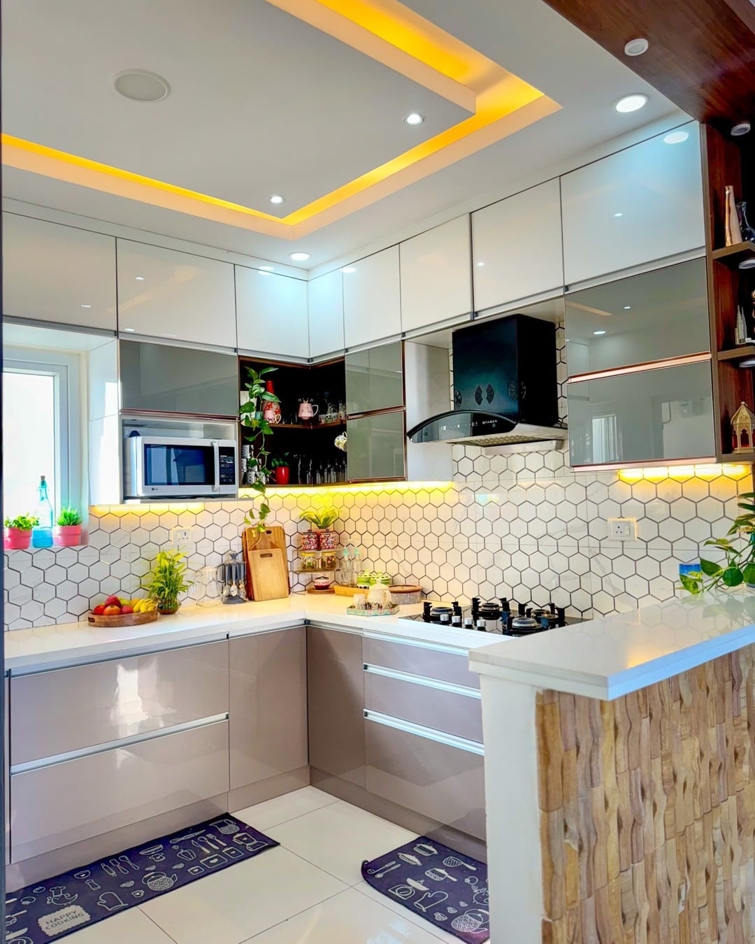 5. Gloss White and Warm Gray Modern Kitchen Ideas - aesthetic kitchen ideas