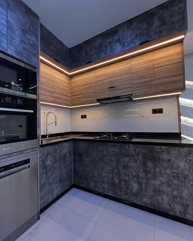 8. Dark Gray and Walnut Contemporary Kitchen Ideas - aesthetic kitchen ideas