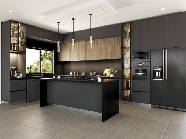 11. Black and Natural Wood Luxury Kitchen Ideas - aesthetic kitchen ideas