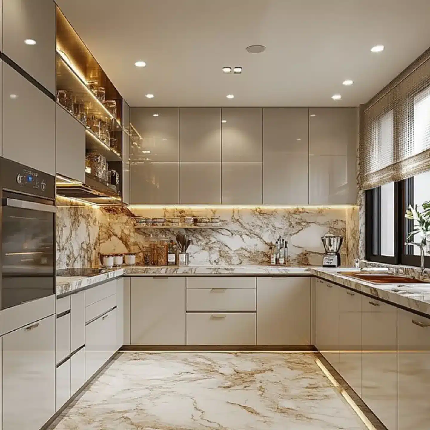 14. Beige and Marble Modern Kitchen Ideas - aesthetic kitchen ideas