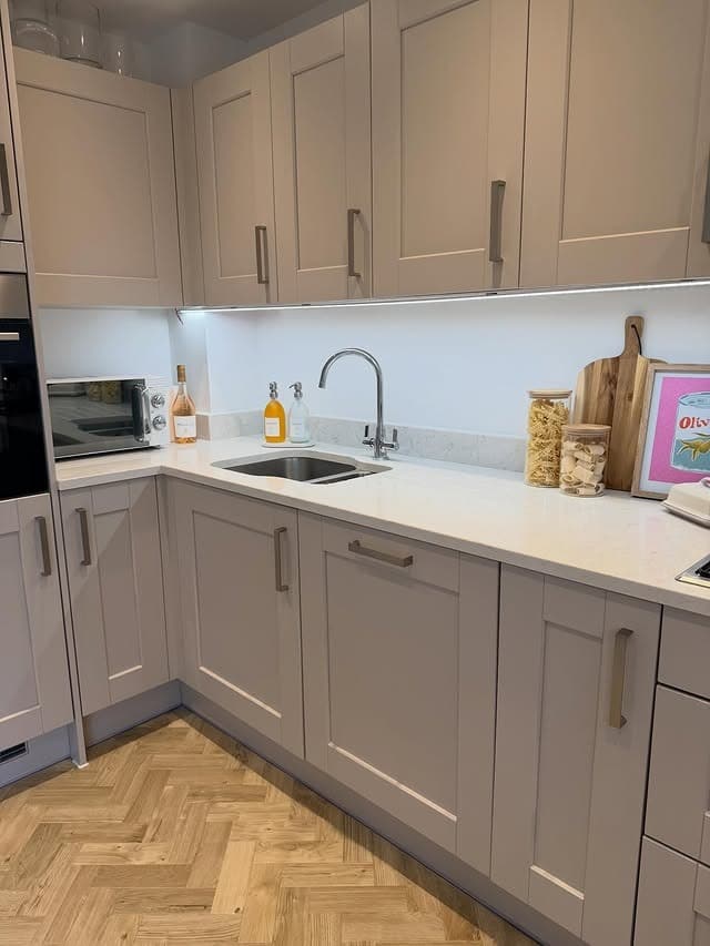 16. Taupe and White Minimalist Kitchen Ideas - aesthetic kitchen ideas