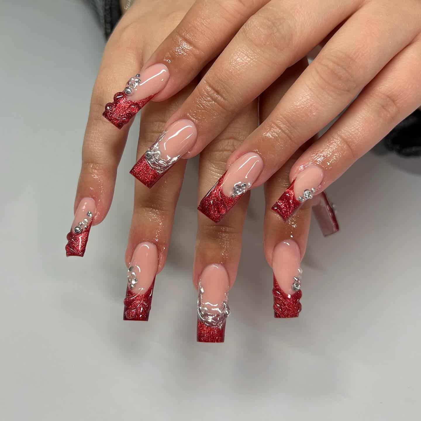 9. Red Glitter French Cat Eye Nails - cat eye nail ideas