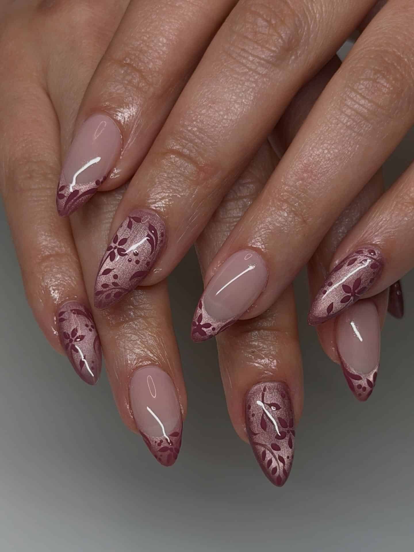 11. Rose Mauve Floral Cat Eye French Nails - cat eye nail ideas