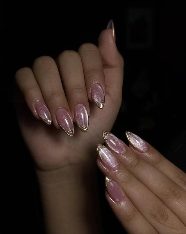 19. Pink Chrome French Cat Eye Nails - cat eye nail ideas