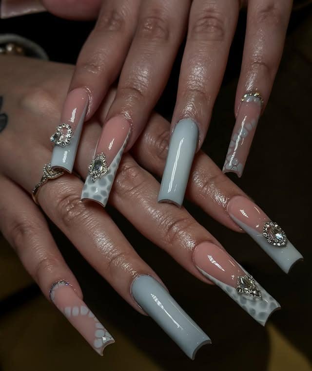 3. Glossy Gray Marble XL Coffin Nails - creative nail ideas