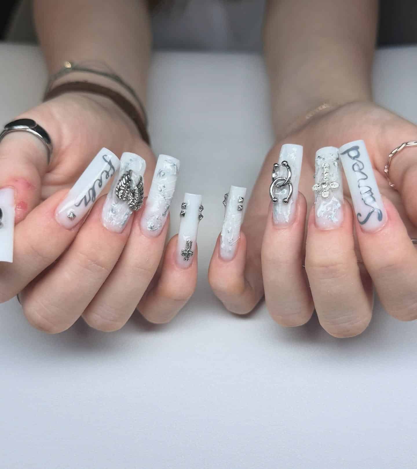 4. White Gothic Charm Coffin Nails - creative nail ideas