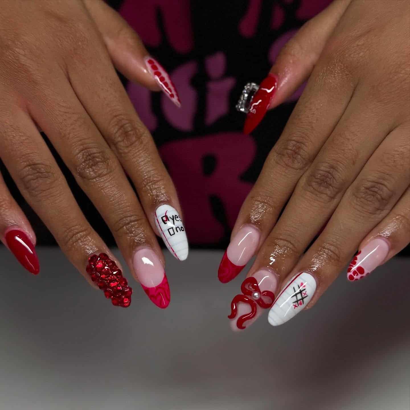 8. Ruby Red Bow Stiletto Nails - creative nail ideas