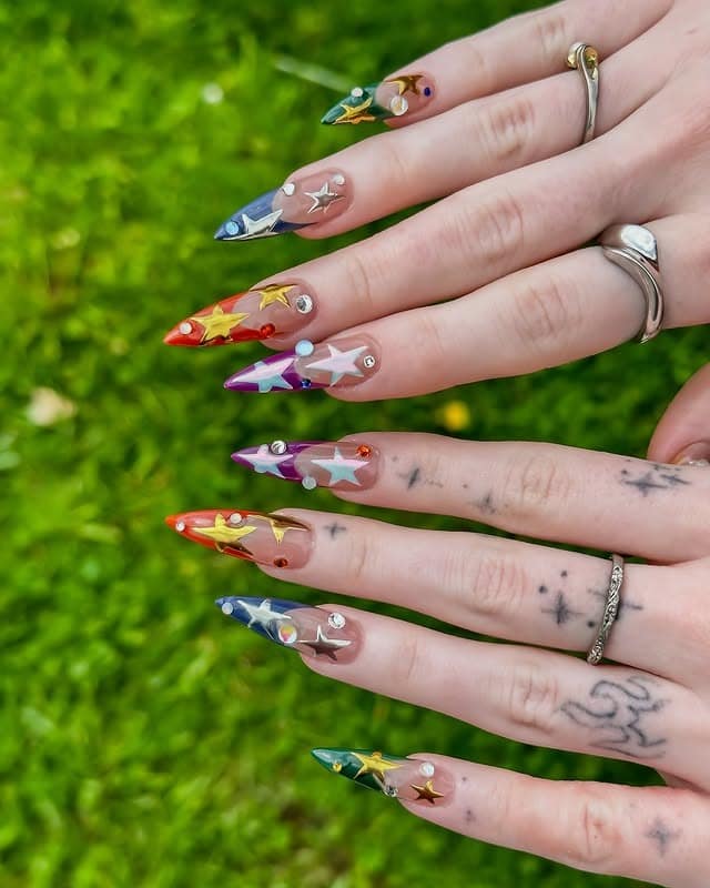 10. Rainbow Star Stiletto Nails with Rhinestones - creative nail ideas