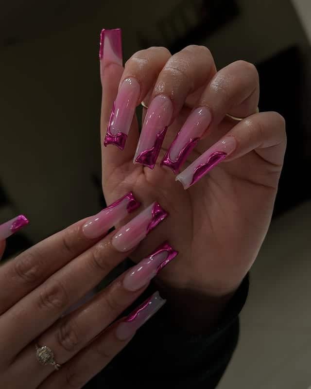11. Pink Chrome Drip Coffin Nails - creative nail ideas
