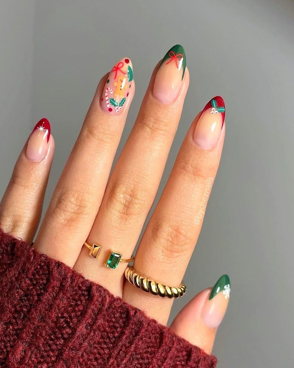12. Red and Green Christmas Almond French Nails - creative nail ideas