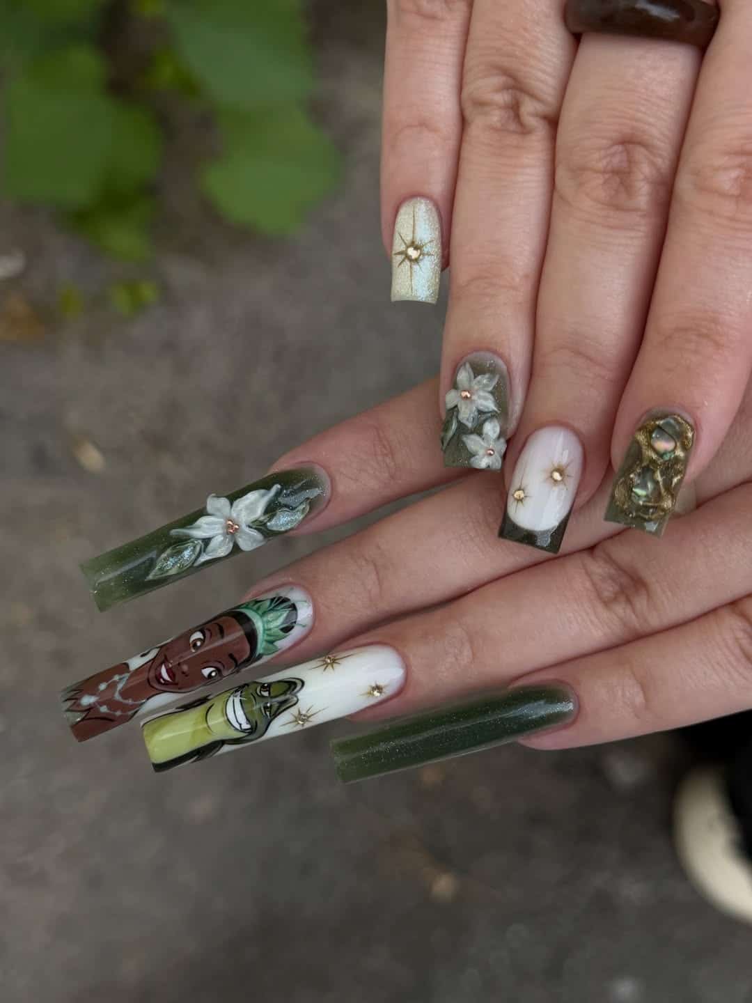 13. Olive Green Floral Character Coffin Nails - creative nail ideas