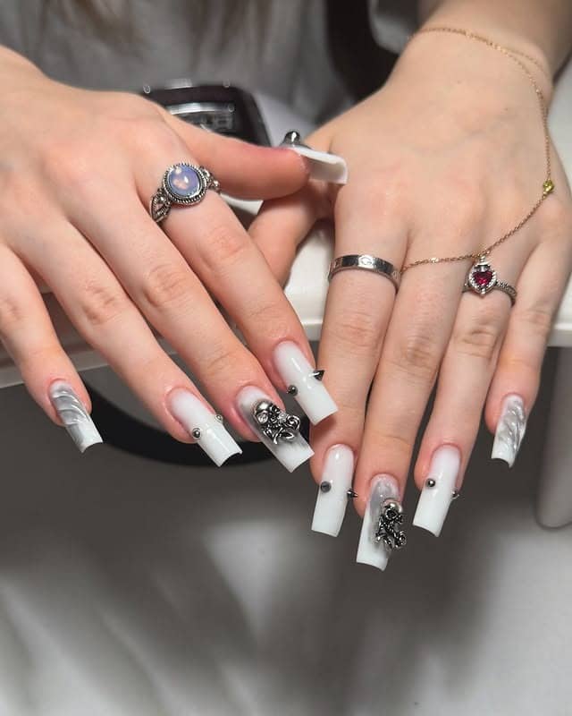 14. Milky White Gothic Coffin Nails with Silver Charms - creative nail ideas