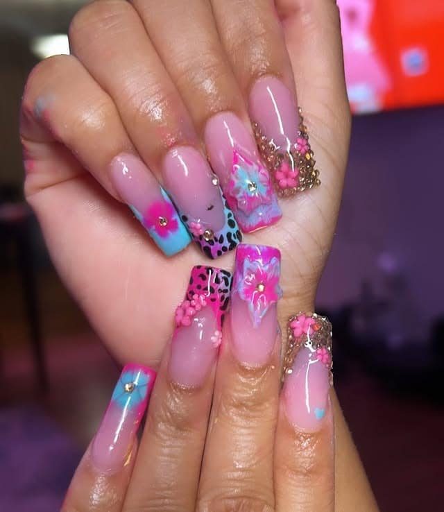15. Pink and Blue Floral Square Nails - creative nail ideas