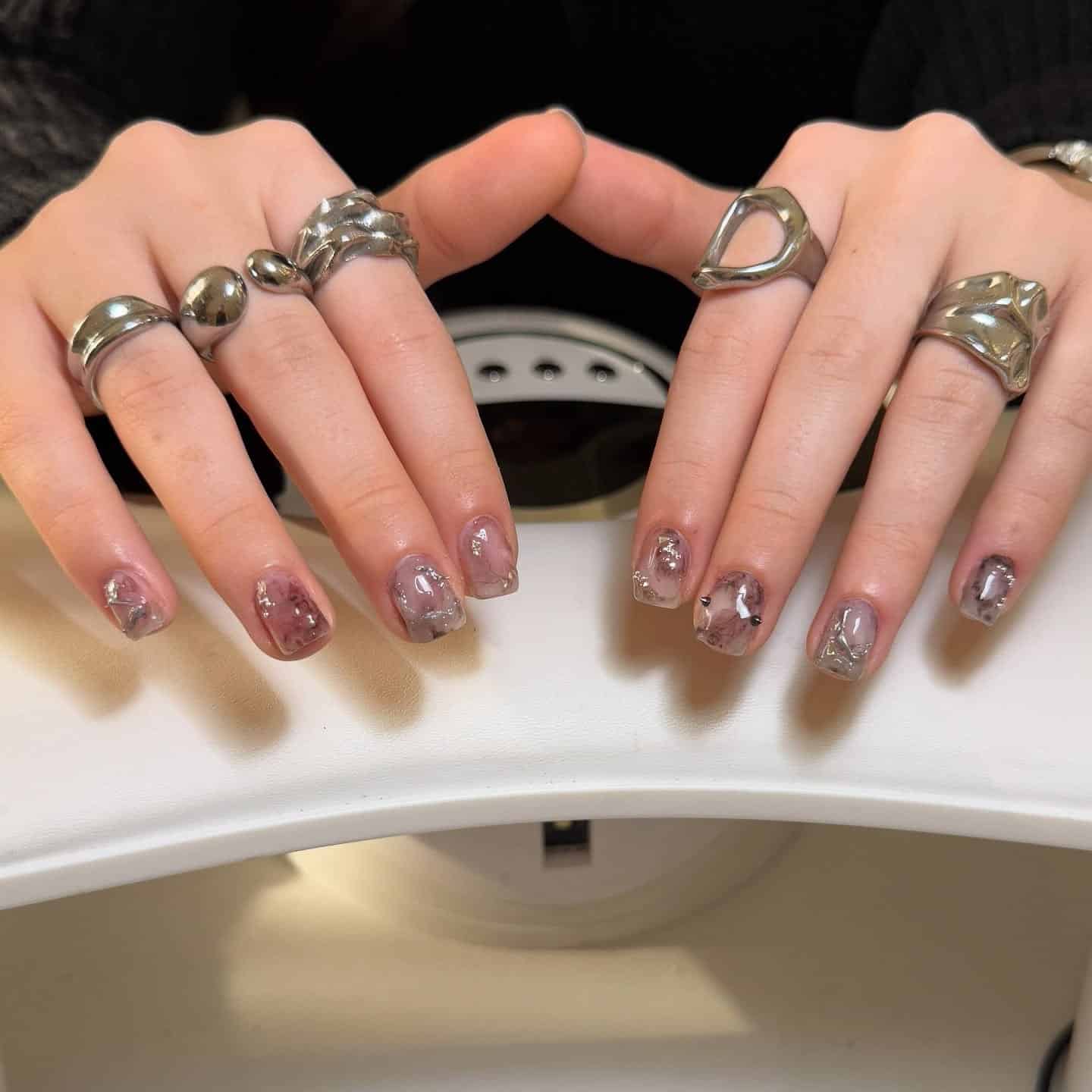 16. Smoky Gray Marble Short Nails with Silver Foil - creative nail ideas