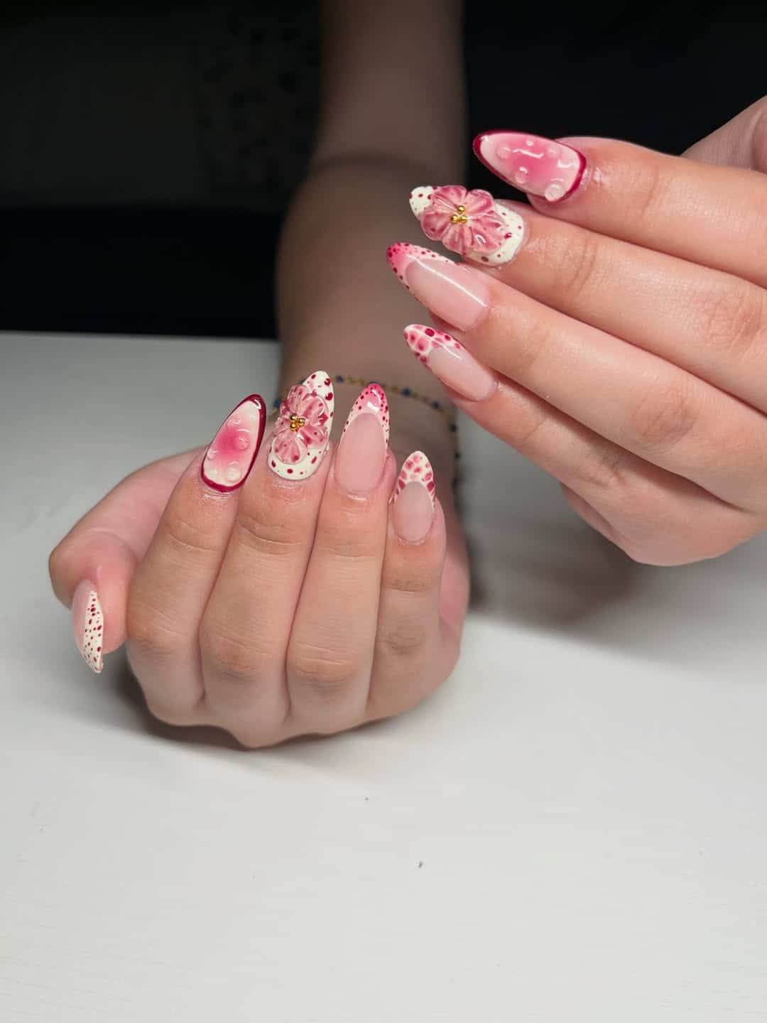 18. Pink Floral Almond Nails with 3D Blossoms - creative nail ideas