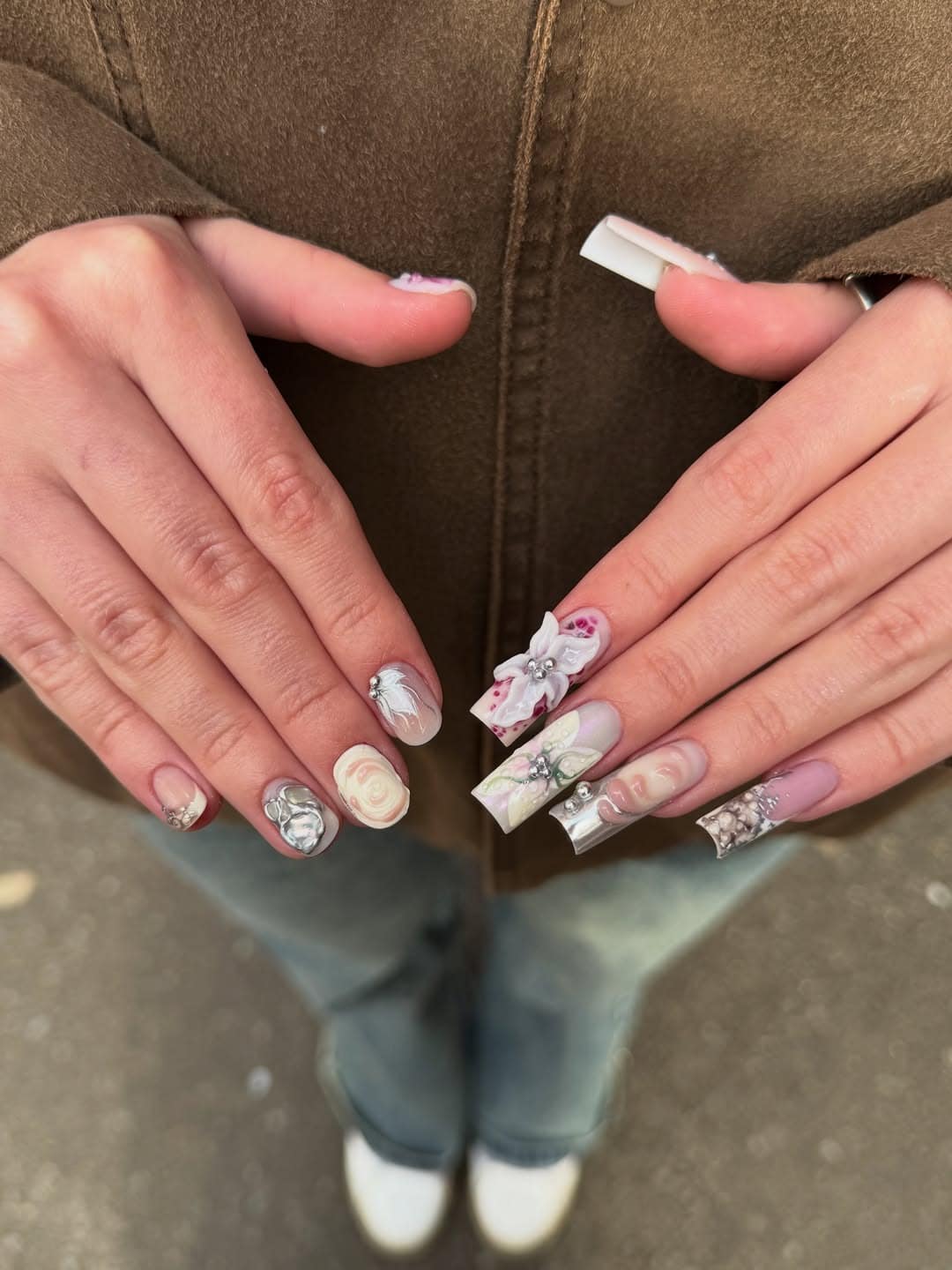 19. Pastel 3D Floral Mixed-Length Nails - creative nail ideas