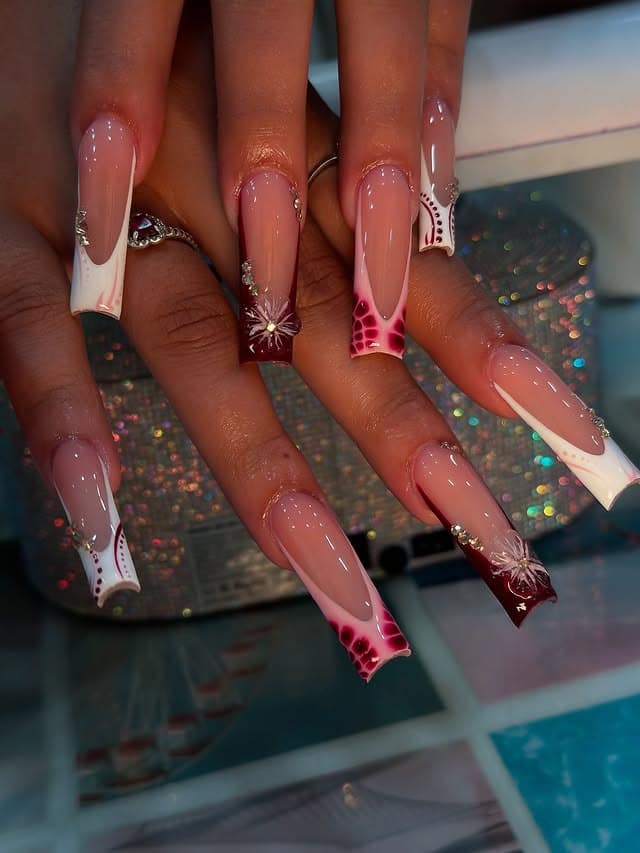 20. Burgundy and White French Coffin Nails with Crystal Details - creative nail ideas