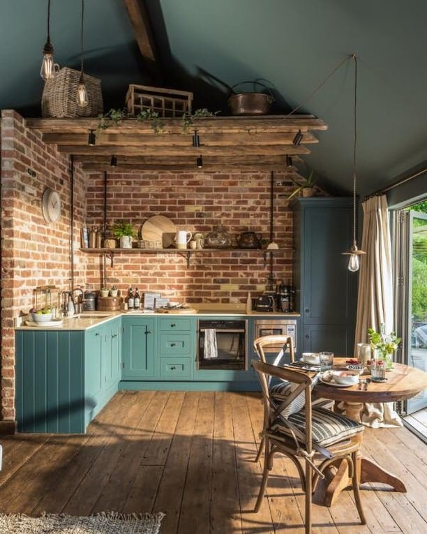 5. Rustic Kitchen Ideas with Teal Cabinets and Exposed Brick - rustic kitchen ideas