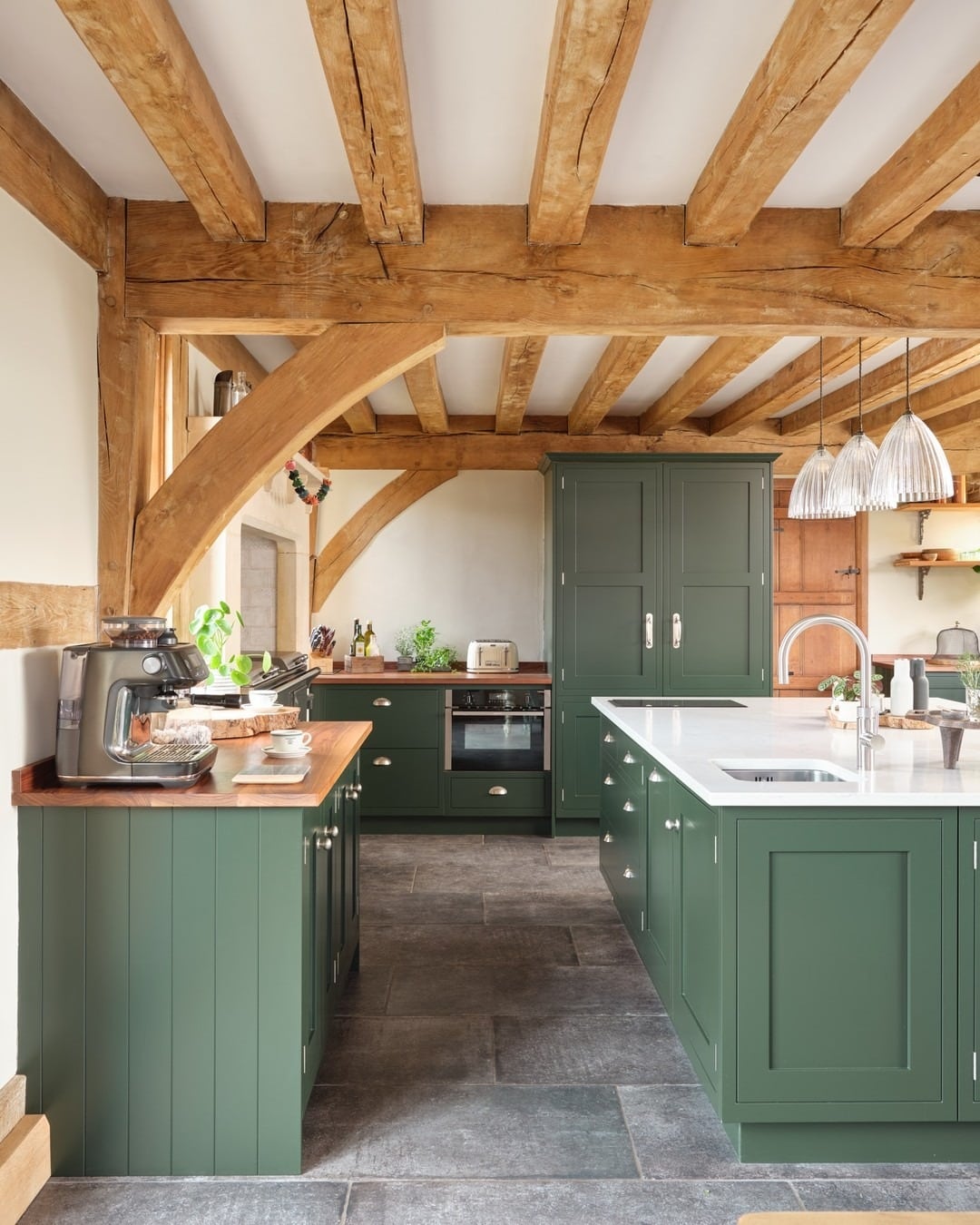 8. Rustic Kitchen Ideas with Sage Green Cabinets and Oak Beams - rustic kitchen ideas