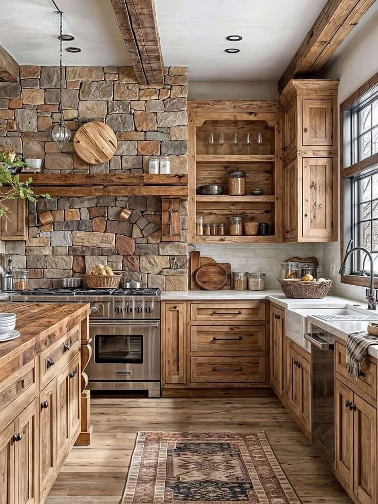 10. Rustic Kitchen Ideas with Wood Cabinets and Stacked Stone Walls - rustic kitchen ideas