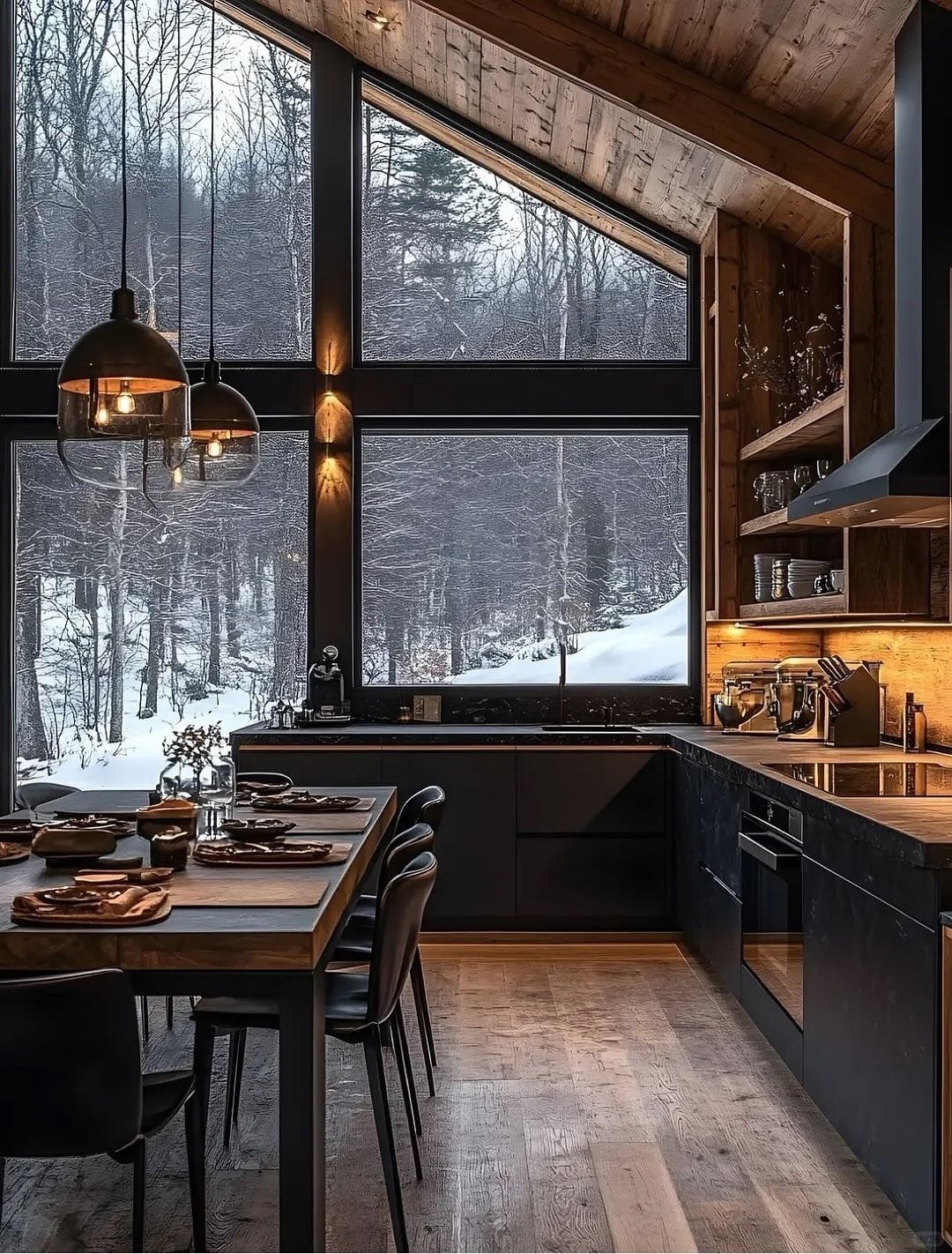16. Rustic Kitchen Ideas with Black Cabinets and Panoramic Forest Views - rustic kitchen ideas
