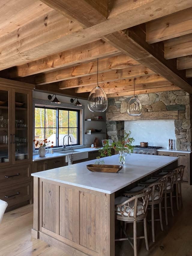 18. Rustic Kitchen Ideas with Walnut Cabinets and Stone Fireplace - rustic kitchen ideas
