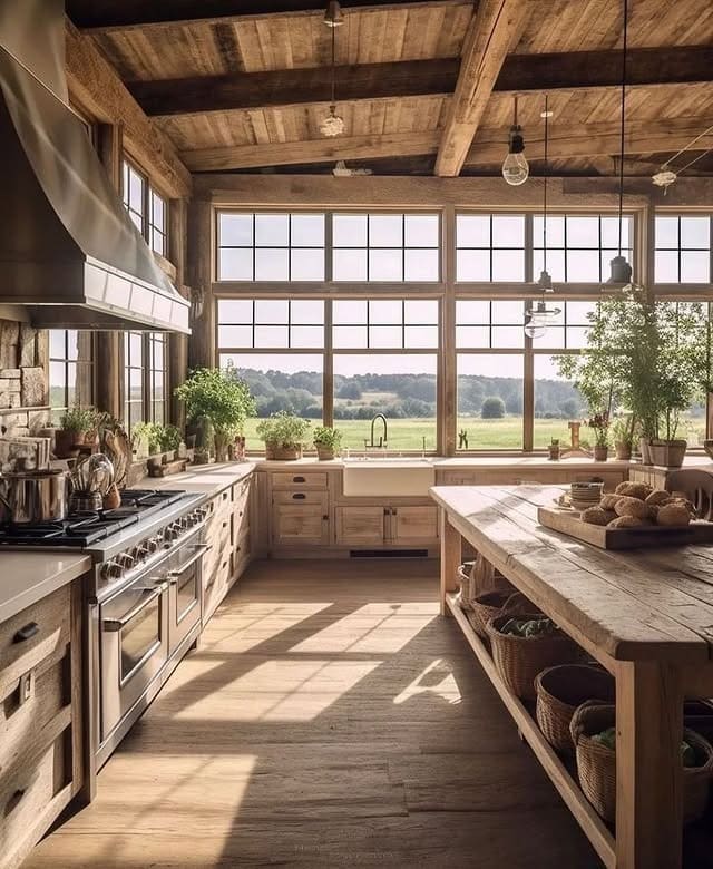 19. Rustic Kitchen Ideas with Light Wood Cabinets and Picture Windows - rustic kitchen ideas