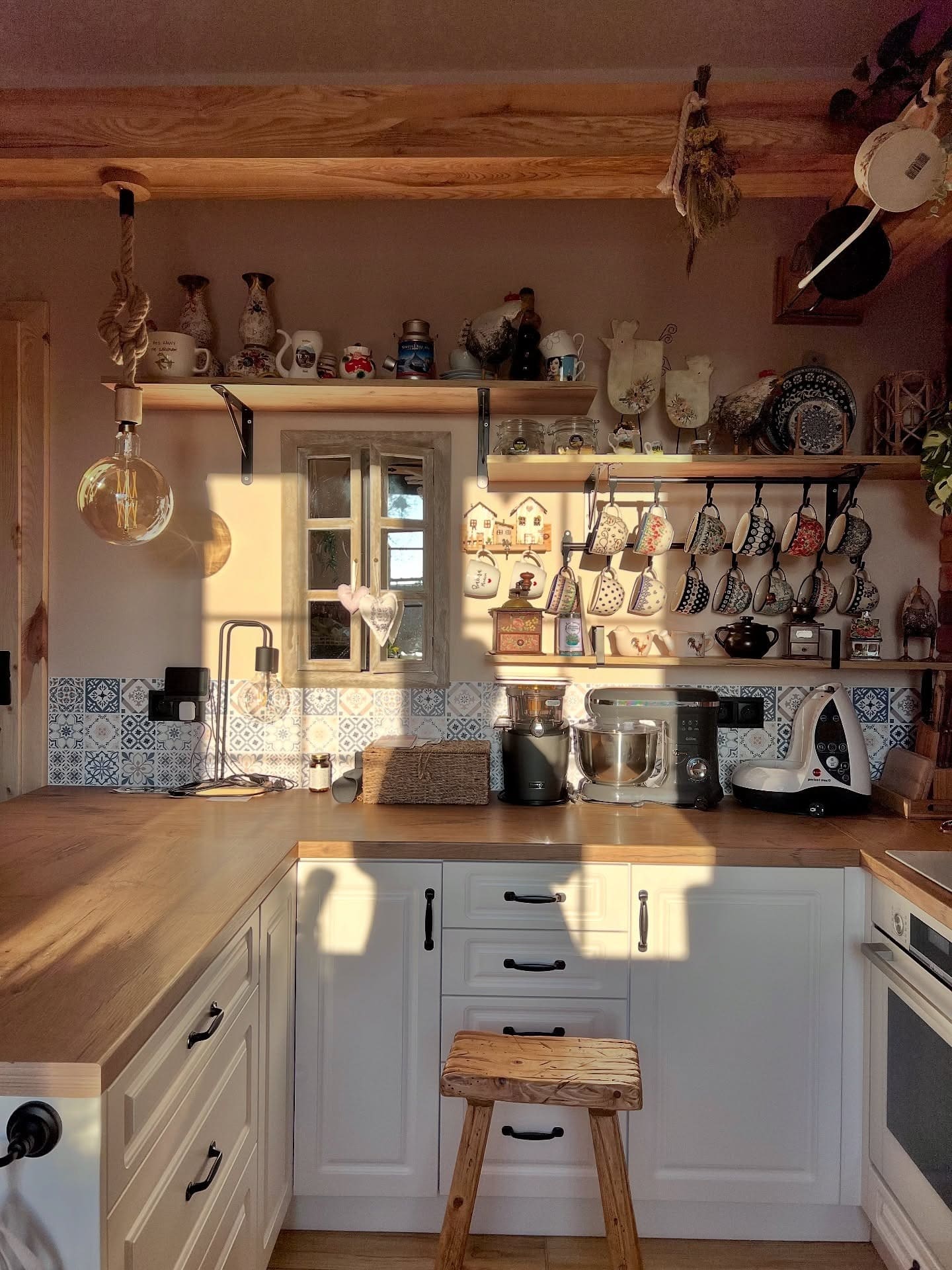 20. Rustic Kitchen Ideas with White Cabinets and Warm Wood Shelves - rustic kitchen ideas