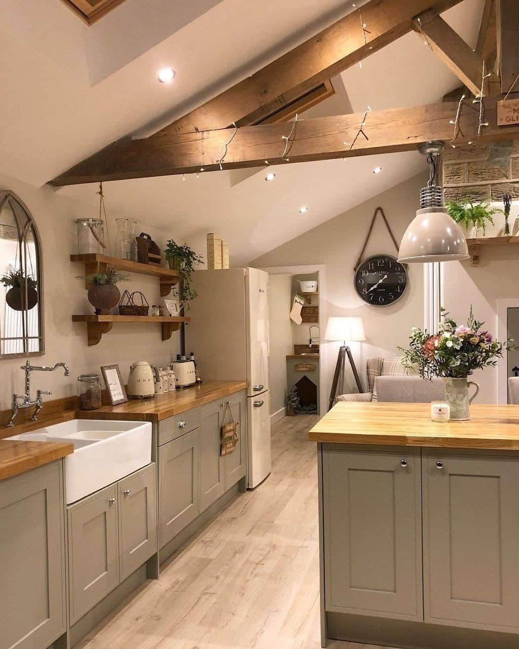 21. Rustic Kitchen Ideas with Warm Gray Cabinets and Oak Countertops - rustic kitchen ideas
